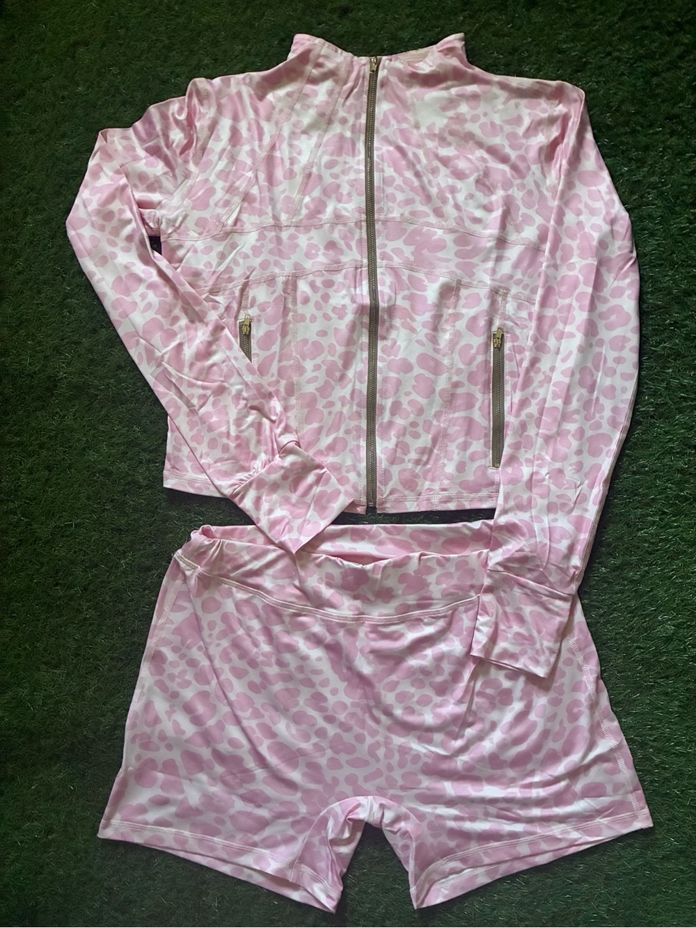 Pink Leopard Print Zip-Up Active Jacket and Shorts Set - Picture 2 of 4